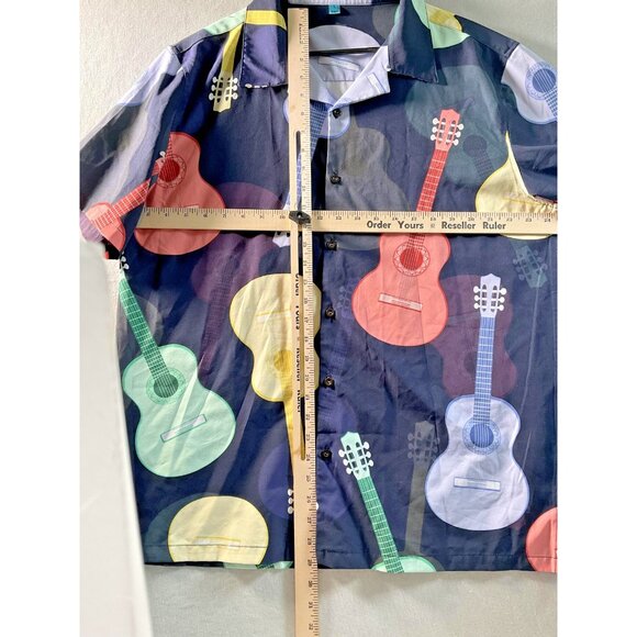 Guitar Print Shirt Mens Large Black Multicolor Short Sleeve Button Front Aloha - Picture 3 of 4
